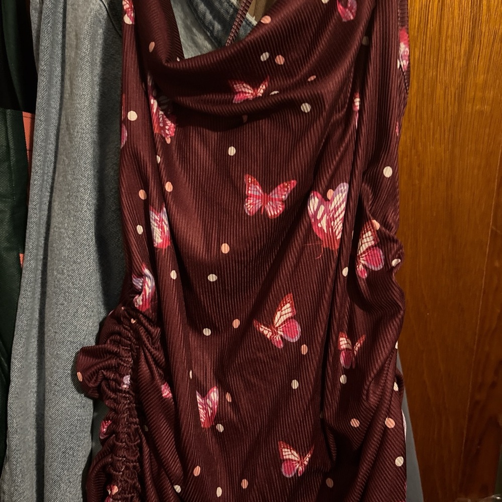 Butterfly Print Dress with Ruched Sides